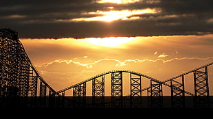 black roller coaster, UK, rollercoasters, sunlight, sunset