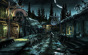 person standing between houses illustration, The Elder Scrolls V: Skyrim, The Elder Scrolls HD wallpaper