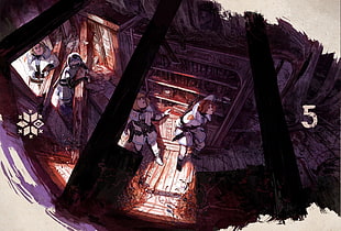 illustration of four men inside a ruined house, Stand Still. Stay Silent