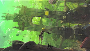 green and black compound bow, anime, building, clock tower, Gravity Rush