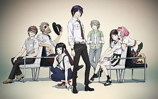 photo of group of anime characters in school-themed uniforms