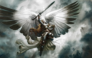 woman in armor with wings holding a broad sword illustration