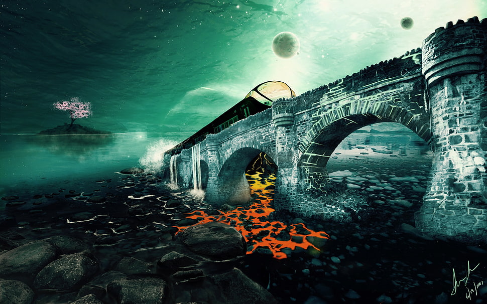 game concept art wallpaper, Ayn Rand, surreal, lava, train HD wallpaper