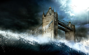 Tower Bridge, London, clouds, bridge, waves, sunlight HD wallpaper