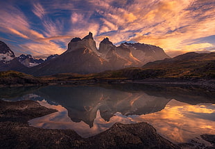 brown rock mountains, mountains, Chile, lake, clouds