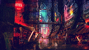 red and black concrete buildings, night, artwork, futuristic city, cyberpunk HD wallpaper