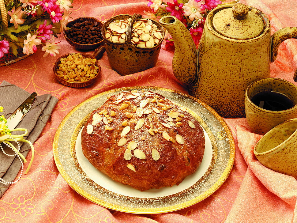 baked bread on white ceramic plate HD wallpaper