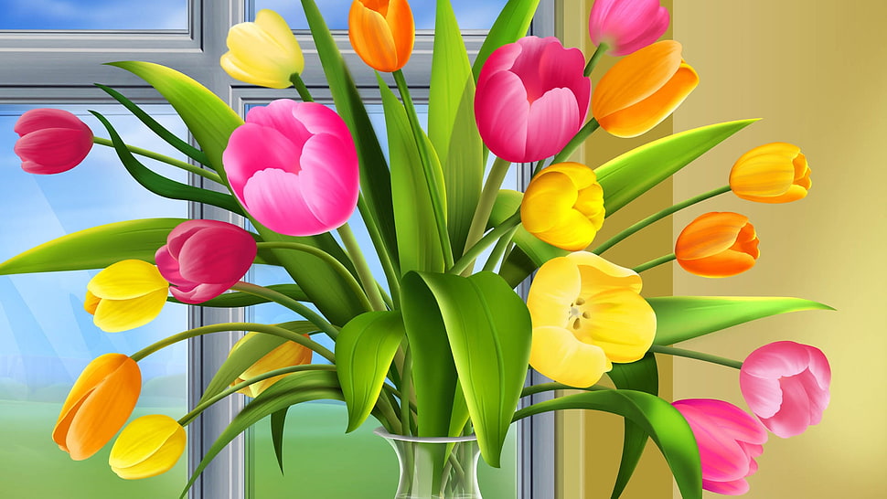 green and pink flower illustration HD wallpaper