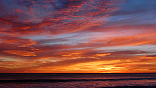 orange clouds, sunset, sea, sky, clouds HD wallpaper