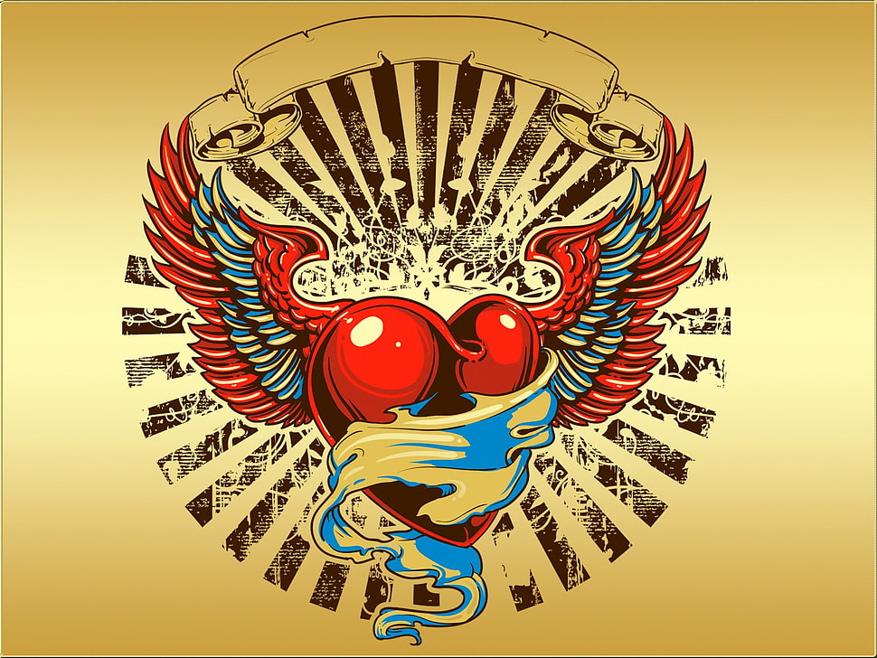 red and blue heart with wings artwork HD wallpaper