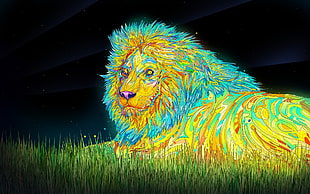 yellow, green, and teal lion painting