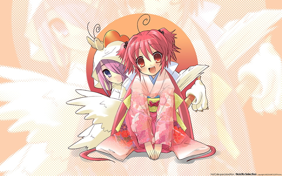 two girl wears pink and white dresses anime character HD wallpaper