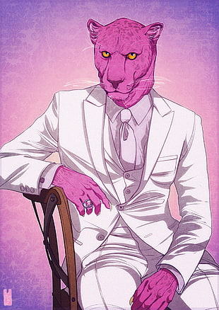 purple cat in white suit animated illustration