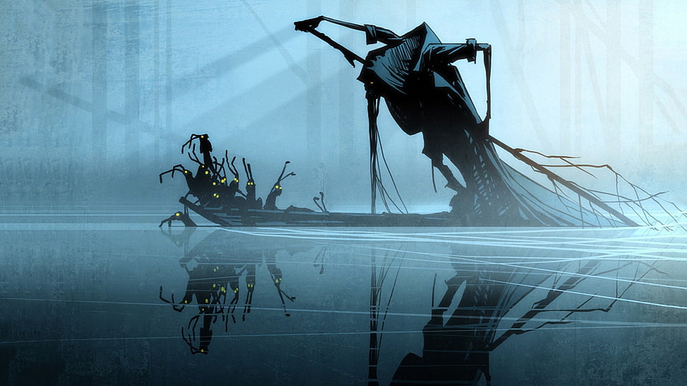 witch riding boat on water illustration HD wallpaper