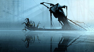 witch riding boat on water illustration