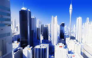 white high-rise building illustration, city, video games, Mirror's Edge
