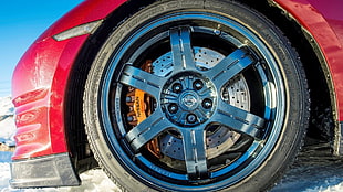 chrome 5-spoke car wheel with tire, Nissan, Nissan GT-R, winter, car