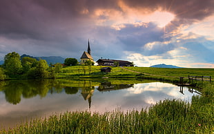 calm body of water, nature, landscape, reflection, temple