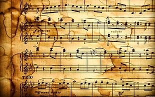 brown and black wooden wall decor, musical notes, old paper HD wallpaper