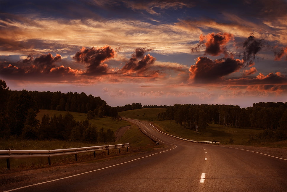 concrete gray road, road, clouds, trees, sky HD wallpaper
