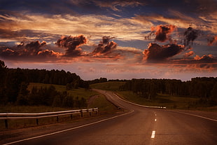 concrete gray road, road, clouds, trees, sky