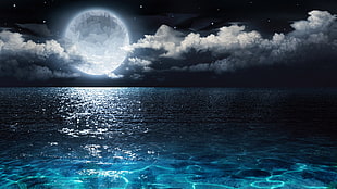 wide body of water and moon illustration, Moon, sea, low poly