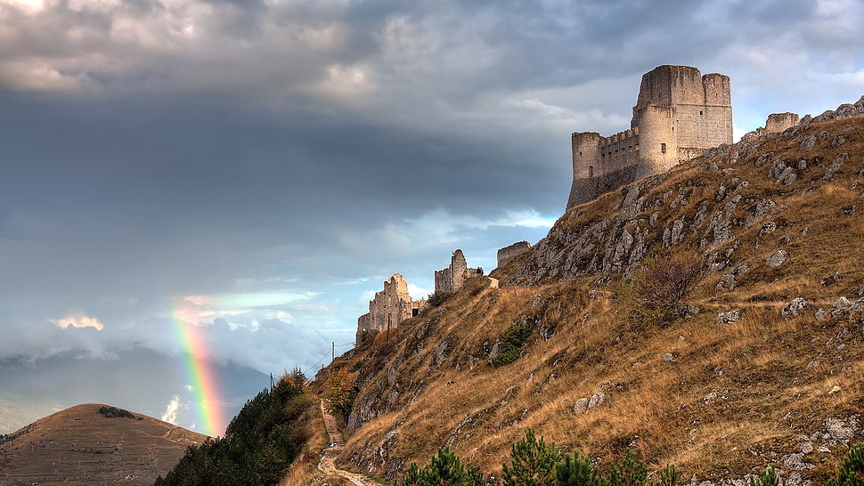 brown mountain, landscape, rainbows, Rocca Calascio, castle HD wallpaper
