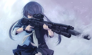 black haired girl anime character holding rifle with scope illustration