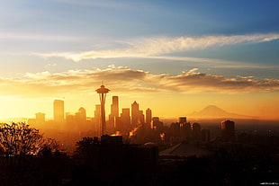 brown wooden framed painting of house, Seattle, skyline, Space Needle, cityscape HD wallpaper