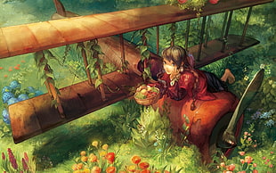 woman laying in red bi-plane while holding basket illustration HD wallpaper