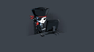 skeleton wearing black hat using desktop computer illustration, minimalism, pirates, computer, skeleton