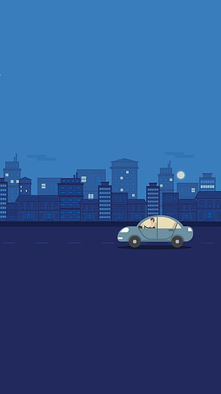 blue car and buildings illustration