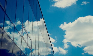 curtain glass building under blue sky, sky, reflection