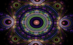 green, purple, and black floral graphics wallpaper