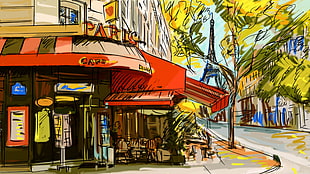 store front painting, sketches, cafes, Paris, Eiffel Tower