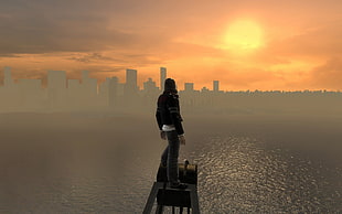 black jacket, video games, screen shot, cityscape, lake
