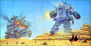 robot versus tank fighting on mountain valley