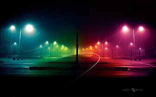 black pole lamp, night, rainbows, colorful, street