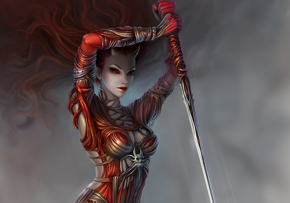 red haired woman holding spear wallpaper HD wallpaper