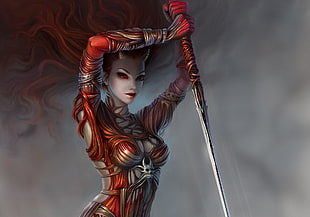 red haired woman holding spear wallpaper