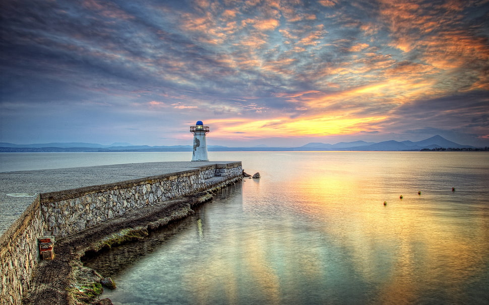 white lighthouse, bay, beach, sky, water HD wallpaper