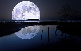 full moon wallpaper, Moon, river, 3D, night