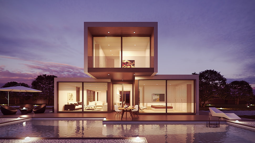 house with pool illustration HD wallpaper