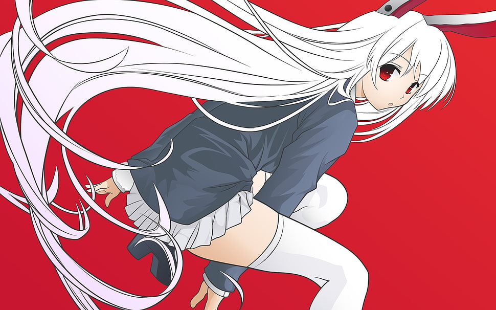 white haired female anime character in black uniform HD wallpaper