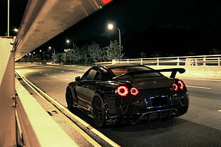 black coupe with spoiler, Nissan GTR, car