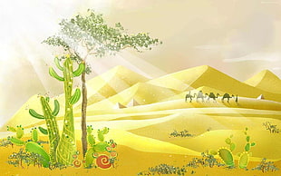 green cactus on desert illustration, artwork, desert, cactus, camels HD wallpaper