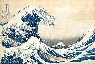 ocean wave illustration, waves, painting, Japan, artwork