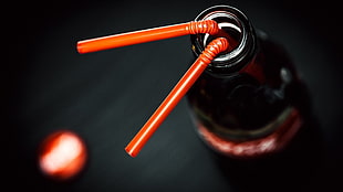 red straws, Coca-Cola, bottles, macro, drink