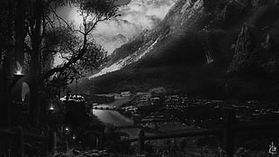 trees and mountain grayscale photo, landscape, pine trees, mountains, monochrome