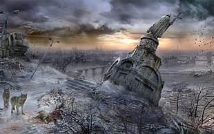 cathedral ruins with wolf wallpaper, artwork, apocalyptic, winter, snow HD wallpaper